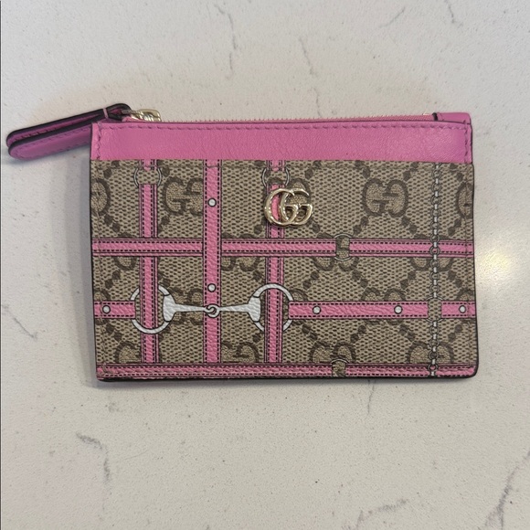NWOT Gucci Pink and Brown GG Coated Canvas Card Holder with Key Ring COA Include